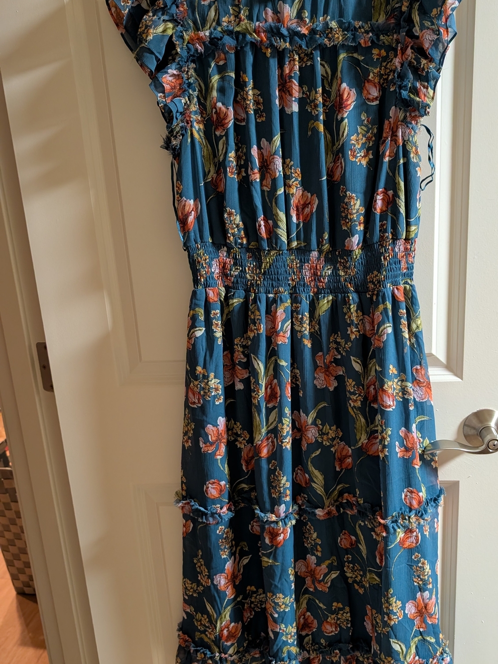 Womens Blue Floral Ruffle Tiered Dress
